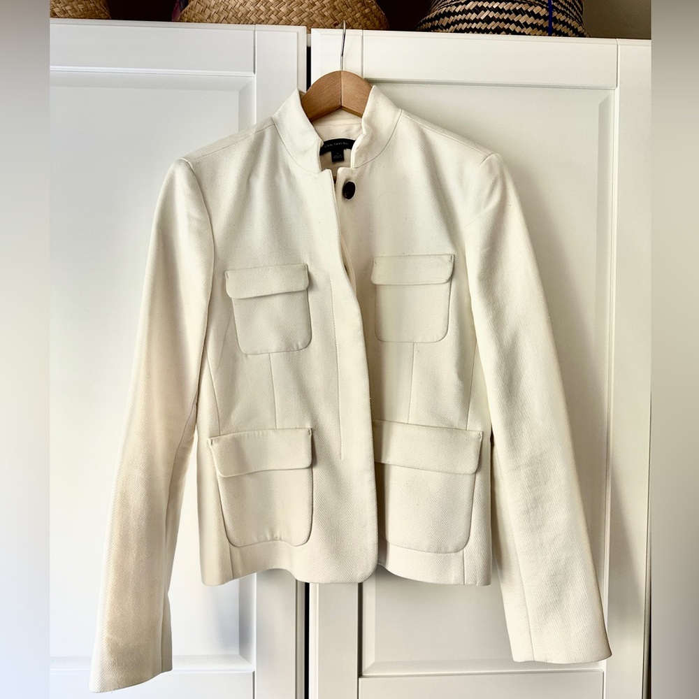 Ann Taylor off white high collar hidden button jacket, cotton 10 jacket